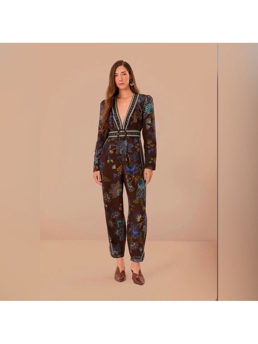 Farm Rio Brown Garden V Neck Jumpsuit
